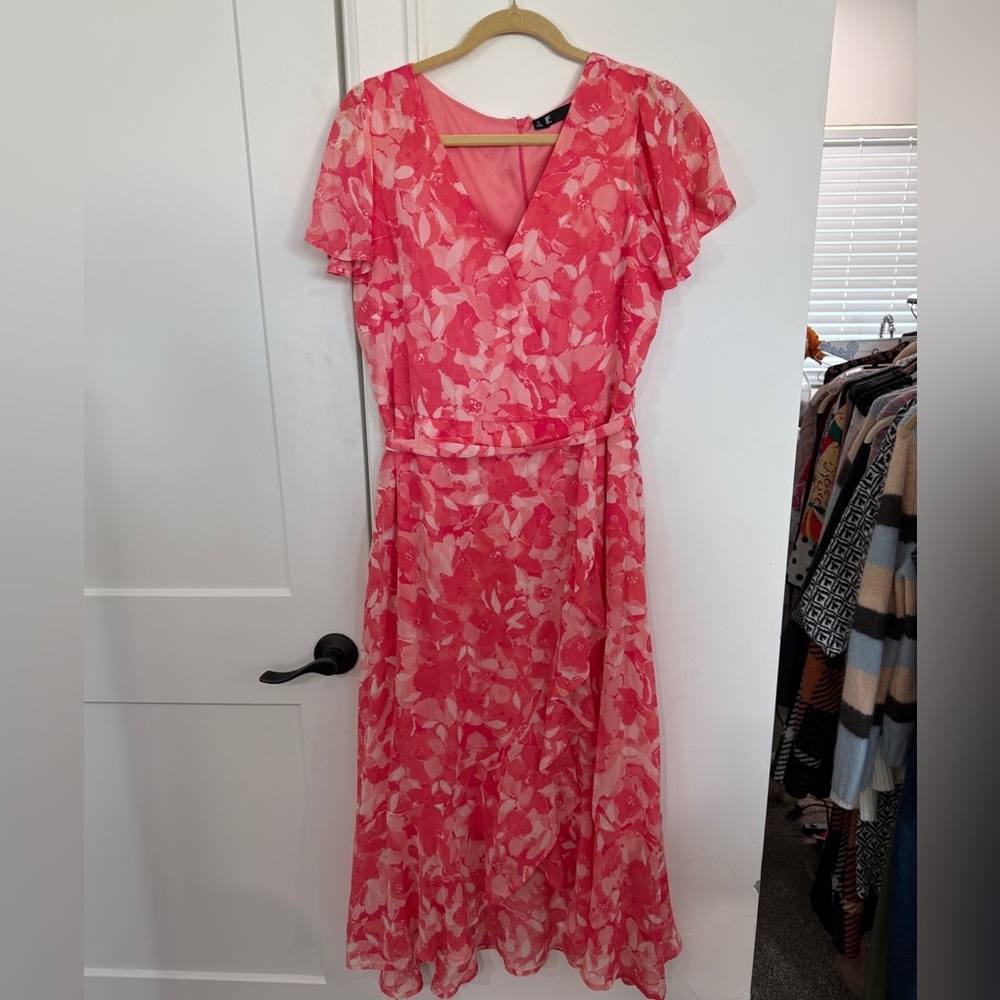 Leslie Fay Coral Pink Floral Wrap Maxi Dress